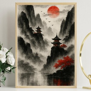 Póster original de arte mural con la serena escena de la luna roja japonesa