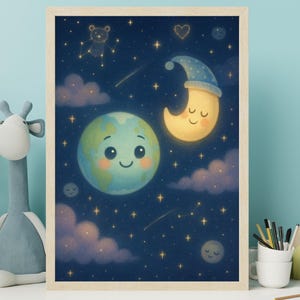 Niedliches Erde und Mond Poster für Kindergarten Vorschule Dekoration