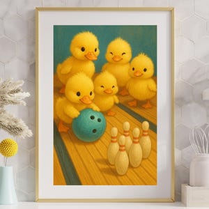 Cute Duckling Bowling Matte Vertical Poster, Nursery Decor, Kids Room Wall Art, Animal Lover Gift, Playful Duck Print