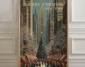 May include: A framed print featuring a vintage illustration of a snowy New York City street scene during Christmas. The artwork includes a decorated Christmas tree, bustling crowds, and the text "MERRY CHRISTMAS NEW YORK."