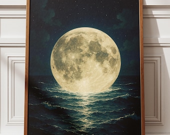 Moonlit Ocean Poster, Full Moon Sea Wall Art Print, Dreamy Celestial Decor, Night Sky Landscape, Calming Bedroom Aesthetic Gift Idea