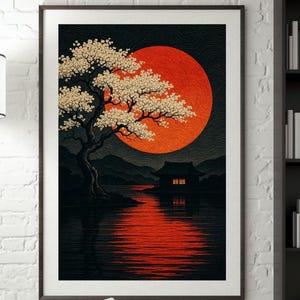 Impresión artística de póster de flor de cerezo al atardecer japonés
