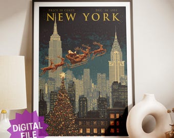 Arte vintage de Navidad de Nueva York de 1955, archivo DIGITAL / Póster retro del horizonte de Nueva York / Arte mural con trineo de Papá Noel, decoración navideña nostálgica del Empire State