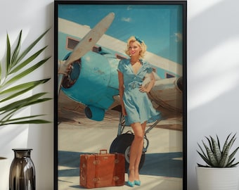 Impresión artística de aviación vintage de pin-up / Póster de viaje retro de los años 50 / Decoración de pared de avión de chica pin-up / Regalo moderno de mediados de siglo / Rockabilly