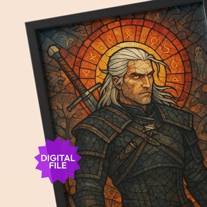 Puede incluir: Impresi&oacute;n art&iacute;stica digital enmarcada que presenta un retrato de un hombre con cabello blanco y ojos amarillos, sosteniendo una espada. El fondo es un dise&ntilde;o estilo vidriera con s&iacute;mbolos astrol&oacute;gicos. La impresi&oacute;n est&aacute; etiquetada como "DIGITAL FILE".