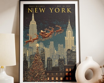 Vintage nowojorski wydruk artystyczny z Bożego Narodzenia z 1955 roku | Plakat z panoramą Nowego Jorku w stylu retro | Sztuka ścienna z saniami Świętego Mikołaja | Nostalgiczna dekoracja świąteczna | Empire State