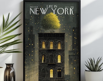 Rooftop Garden 1983 New York Art Print Vintage NYC Poster Urban Tree Wall Decor Autumn City Art Literary Magazine Cover