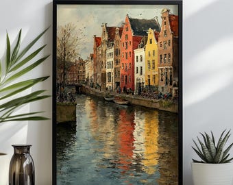 Stampa artistica ad acquerello di Amsterdam, case sui canali olandesi, dipinto di Paesi Bassi, poster di viaggio, paesaggio urbano europeo colorato, regalo per traslochi