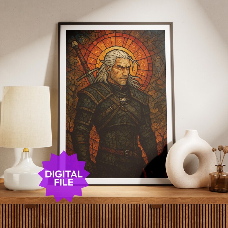 Puede incluir: Impresi&oacute;n art&iacute;stica digital enmarcada que representa a un hombre con pelo largo y blanco, una espada y una armadura, al estilo vidriera. La obra utiliza colores c&aacute;lidos como el naranja, el rojo y el marr&oacute;n. La impresi&oacute;n est&aacute; etiquetada como "DIGITAL FILE".