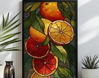 Witraż Cytrusowa sztuka ścienna Pomarańcza i pomarańcza krwista Wydruk botaniczny Wystrój kuchni Żywy plakat w stylu mozaiki