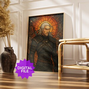 Puede incluir: Impresi&oacute;n art&iacute;stica digital enmarcada que presenta una ilustraci&oacute;n estilo vidriera de un personaje con cabello largo y blanco y una espada. La obra de arte tiene una paleta de colores c&aacute;lidos con un fondo naranja y marr&oacute;n prominente. El texto "DIGITAL FILE" es visible.