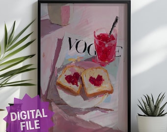 Impresión artística digital rosa de desayuno de Vogue / Naturaleza muerta de revista de moda / Pintura de corazones tostados / Decoración de cocina femenina / Arte mural de cafetería parisina