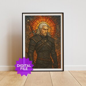 Puede incluir: Impresi&oacute;n art&iacute;stica digital enmarcada que representa a un hombre con pelo blanco largo, una espada y una armadura oscura, sobre un fondo de vidriera con un dise&ntilde;o de sol y s&iacute;mbolos del zodiaco. Las palabras "DIGITAL FILE" est&aacute;n en una estrella p&uacute;rpura.