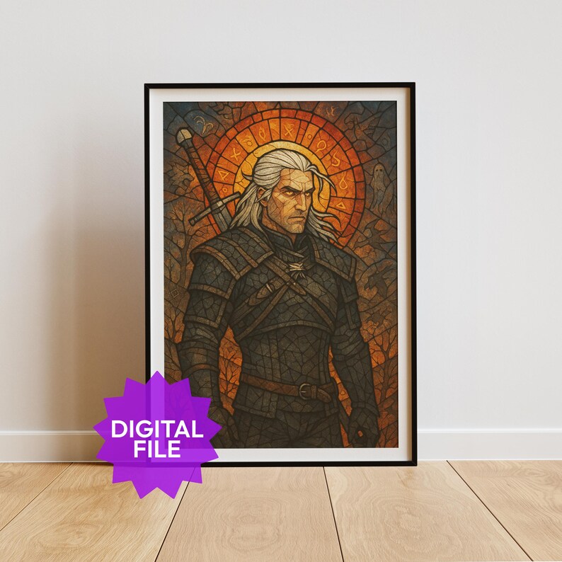 Puede incluir: Impresi&oacute;n art&iacute;stica digital enmarcada que representa a un hombre con pelo blanco largo, una espada y una armadura oscura, sobre un fondo de vidriera con un dise&ntilde;o de sol y s&iacute;mbolos del zodiaco. Las palabras "DIGITAL FILE" est&aacute;n en una estrella p&uacute;rpura.