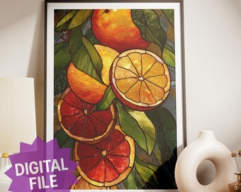 Arte mural digital de cítricos con vitrales, impresión de naranja y naranja sanguina, decoración botánica para cocina, póster vibrante estilo mosaico.