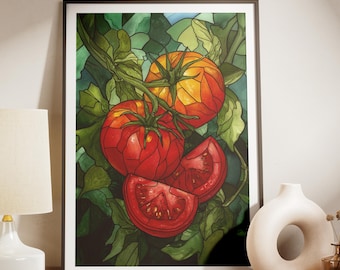 Witraż z pomidorem | Botaniczna dekoracja ścienna do kuchni | Plakat z warzywnikiem | Akwarelowa sztuka kulinarna | Prezent z targu świeżych produktów
