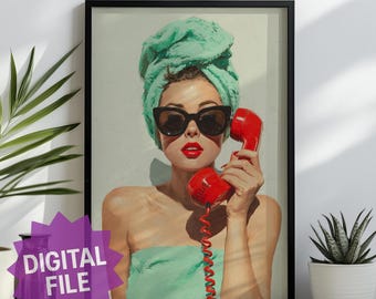 Impresión artística digital retro de chica glamurosa / Póster de arte pop vintage / Decoración de pared moderna de mediados de siglo / Ilustración de moda de los años 60 / Arte de baño