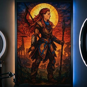 May include: A rectangular wall art piece featuring a stained glass style illustration of a red-haired warrior holding a spear. The character wears detailed armor against a backdrop of a large yellow sun, orange clouds, and silhouettes of mechanical creatures.
