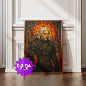 Puede incluir: Una impresi&oacute;n art&iacute;stica digital enmarcada que presenta una ilustraci&oacute;n estilizada de un hombre con cabello blanco, una espada y un fondo de vidriera. La obra de arte est&aacute; en un marco de madera e incluye el texto "DIGITAL FILE" en una estrella p&uacute;rpura.