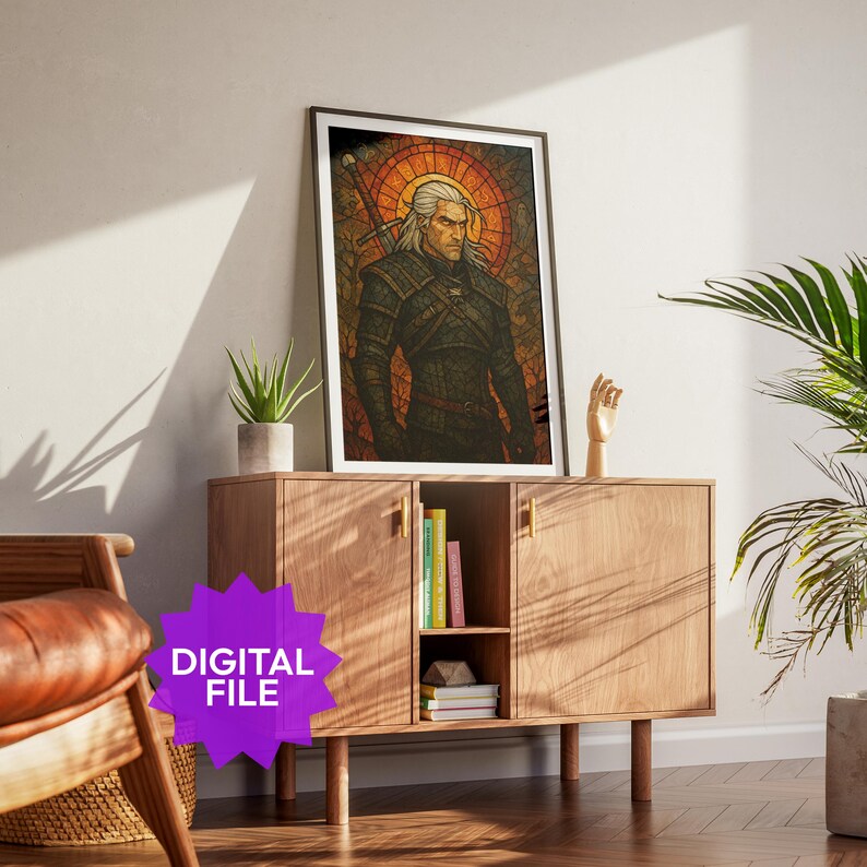 Puede incluir: Impresi&oacute;n art&iacute;stica digital enmarcada que presenta una ilustraci&oacute;n estilizada de un personaje con cabello blanco y una espada. La obra de arte tiene un efecto de vidriera con tonos c&aacute;lidos de naranja, marr&oacute;n y verde. La impresi&oacute;n se exhibe en un mueble de madera.