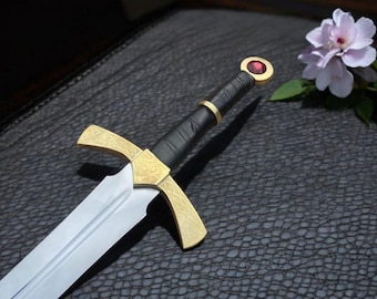 HandCrafted GOLDRYN sword, Throne of Glasse Medieval Regal Gold Ruby Inlay Replica,.