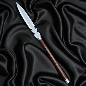 Customized carbon steel Leaf Spear , Hand Forged Throwing Spear with Rose Wood Handle and leather sheath, Collectible Spear.