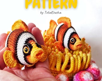 Crochet set PATTERNs Clownfish with anemone, amigurumi fish, coral reef, marine life.