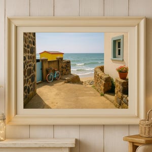 Seaside Escape – Coastal Pathway Art Print with Bicycle and Beach Hut – Colour Pop, Wall Art, Beach Cottage Print, Bicycle, Digital Download
