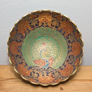 Vintage Brass Bowl with Peacock Motif, Enamel Decorative Dish, Made in India, Boho Decor, Colorful Handcrafted Brass Bowl