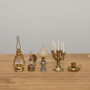 Vintage Brass Dollhouse Miniatures – Oil Lamps, Candle Holders, Lantern, Candelabra Decor, Dollhouse Decorations, Collectible Mini Brass