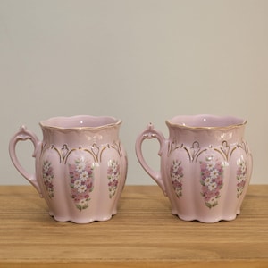 Vintage Czech Pink Porcelain Coffee Cup Set for 2, H&C Czech, Rosa