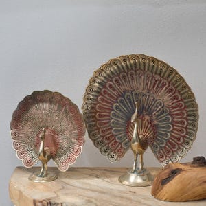 Vintage Brass Peacock Statue, Enameled Brass Bird Figurine, Dancing Peacock with Colorful Feathers, Oriental Brass Decoration, Animal Brass