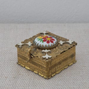 Vintage Etched Brass Box with Enameled Lid & Floral Cabochon, Square Trinket Box, Jewelry Storage, Brass Floral Ring Box, Brass Trinket Box