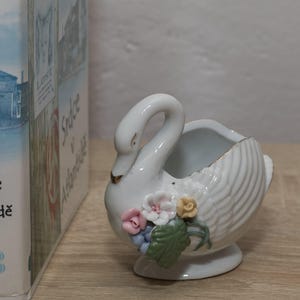 Vintage Porcelain Swan Planter with Floral Decor, Ceramic Swan Figurine, Catchall Trinket Dish, Shabby Chic Swan Vase or Planter
