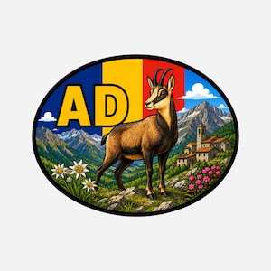 Op de afbeelding: Ovale sticker met een gems in een berglandschap met een kerk en bloemen. De sticker heeft de letters "AD" in geel en een vlagontwerp in blauw, geel en rood. De achtergrond toont bergen en een blauwe lucht.