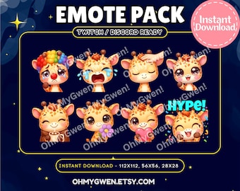 Paquete de emoticones de jirafa adorable para Twitch y Discord / 10 emoticones chibi para streaming / Llorando, entusiasmado, corazón, palmadita en la cabeza, café, payaso y más PNG
