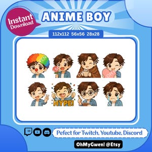 Brown Hair & Eyed Cute Chibi Boy 8 Pack Emotes | Twitch-Discord-YouTube | anime style | Instant Download