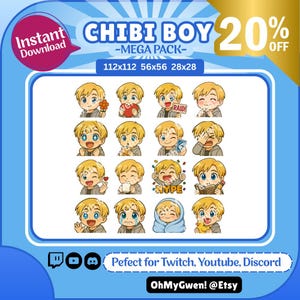 Può includere: Un set di 18 illustrazioni digitali che mostrano un ragazzo chibi con diverse espressioni. Le illustrazioni sono di varie dimensioni: 112x112 pixel, 56x56 pixel e 28x28 pixel. Il ragazzo è raffigurato con una varietà di emozioni, tra cui felicità, tristezza, sorpresa e rabbia. Le illustrazioni sono perfette per l'uso sui social media, nelle app di chat e su altre piattaforme online.