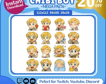 Puede incluir: Un conjunto de 18 ilustraciones digitales que presentan a un chico chibi con diferentes expresiones. Las ilustraciones son de varios tamaños: 112x112 píxeles, 56x56 píxeles y 28x28 píxeles. El chico se representa con una variedad de emociones, incluyendo alegría, tristeza, sorpresa y enfado. Las ilustraciones son perfectas para su uso en redes sociales, aplicaciones de chat y otras plataformas en línea.