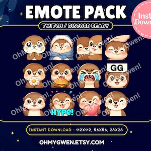Cute Otter Emote Pack for Twitch & Discord – Kawaii Chibi Animal Emotes – Instant Download
