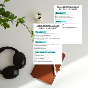 May include: A top-down view of a workspace with a Teen Bedroom Deep Clean Checklist, a candle, a pair of black headphones, a brown notebook, and a pen. The checklist includes decluttering, furniture, surfaces, and bed & soft furnishings.