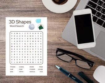 3D Shapes Word Search: Geometry Worksheet, KS1-KS3 (PDF Download A4 Size)