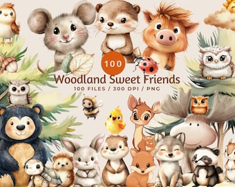 Paquete de imágenes prediseñadas de animales del bosque, guardería forestal, 100 PNG, imágenes prediseñadas de bosque en acuarela, lindos retratos de animales bebés, baby shower de estilo bohemio con temática de bosque.