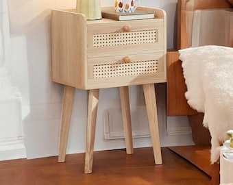 Boho Cane Nightstand with 2 Drawers, Solid Wood Legs