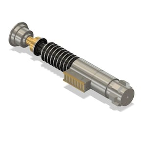 May include: A silver lightsaber prop with a black and silver handle and a gold accent. The lightsaber is disassembled and shows the internal components.