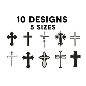 May include: The image shows ten black cross designs in various styles. Text at the top reads "10 DESIGNS 5 SIZES". The crosses include simple and detailed designs, suitable for religious or decorative applications. The image is on a white background.