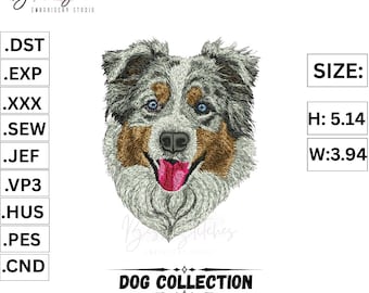 Australian Shepherd Embroidery Design, Realistic Dog Face File (Instant Download)
