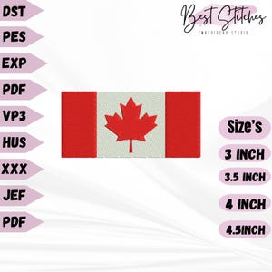 May include: Embroidered Canadian flag patch with a red maple leaf on a white background, flanked by red bars. Available in sizes from 3 inches to 4.5 inches. The text "Best Stitches Embroidery Studio" is in the upper right corner.