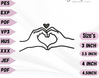 Finger Heart Embroidery Design: Hand Love Outline (Digital Download, Multiple Sizes & Formats)