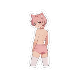May include: A sticker featuring an anime-style character with pink hair styled in a braid and cat ears. The character is wearing pink shorts and white thigh-high socks, looking over their shoulder with a smile.